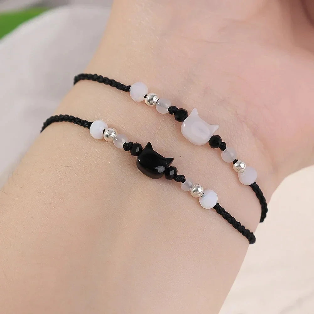 Moonstone Obsidian Cat Charm Bracelets